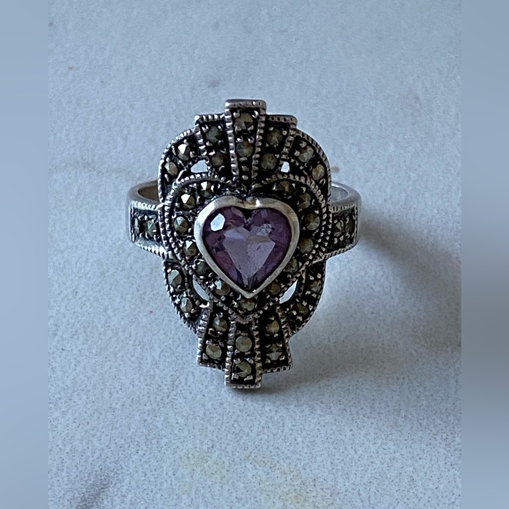 Vintage 925TR Mexico sterling silver amethyst marcasite ring - Picture 4 of 13